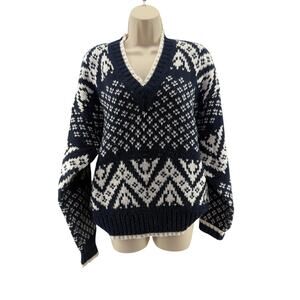 Vintage Cheryl Tiegs Navy White Pullover Jumper Sweater V Neck Womens Large
